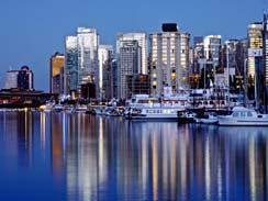 Vancouver skyline at dusk  in British Columbia, Canada