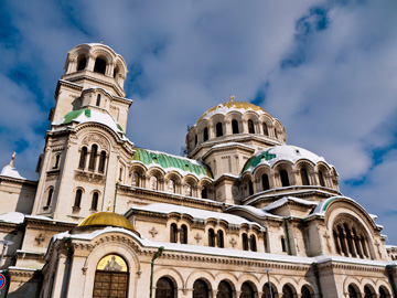 A snow covered Orthodox cathedral in Sofia, Bulgaria