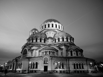 A black and white image of the Alexander Nevsky Cathedral in Sofia, Bulgaria