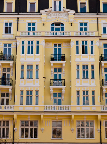 A yellow residential building in Sofia, Bulgaria