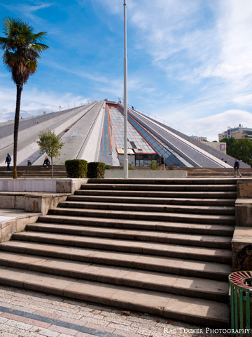 Stairs lead to the pyramid in Tirana, Albania