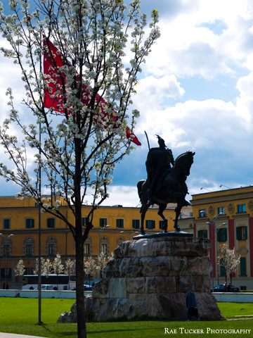 A spring time sillouette of the Skanderbeg Monument in Tirana, Albania