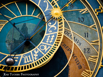 The astronomical clock marks the time of Aires in Prague, Czechia.