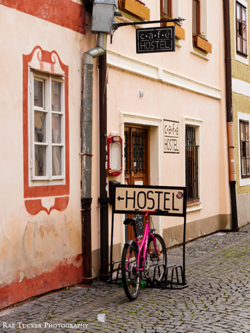 A bicycle rack outside of a hostel in Ceske Budejovice in Czech Republic.