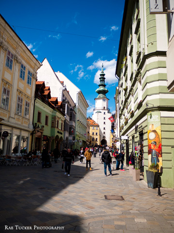A sunny afternoon on the pedestrian Michalska Street in Bratislava, Slovakia