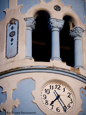 The intricate clock tower of the Blue Church in Bratislava, Slovakia