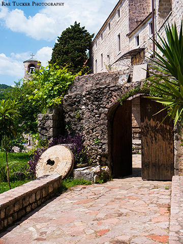 The entrance to Podmaine Monastery in Budva, Montenegro