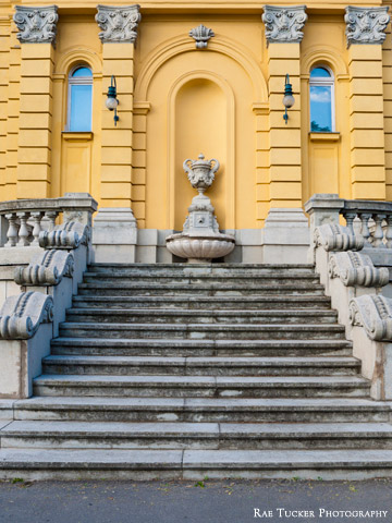 Architectural details outside a thermal bath in City Park in Budapest, Hungary