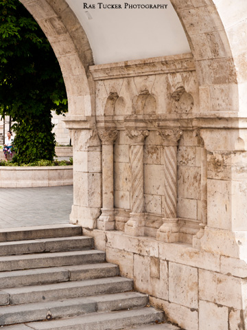 An arched stone stairway at Fisherman's Bastion in Budapest, Hungary.