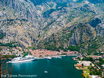 Overlooking Kotor, the water and a docked cruise ship in Montenegro