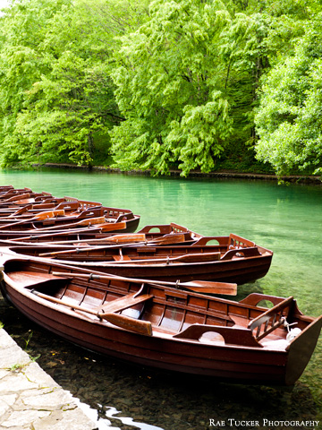 Row boats docked in the green waters of Plitvice Lakes in Croatia
