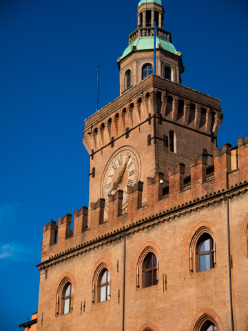 A clock tower in Bologna, Italy