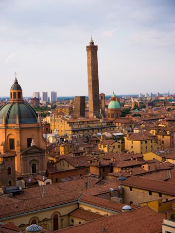 View of the historical centre of Bologna, Italy at sunset