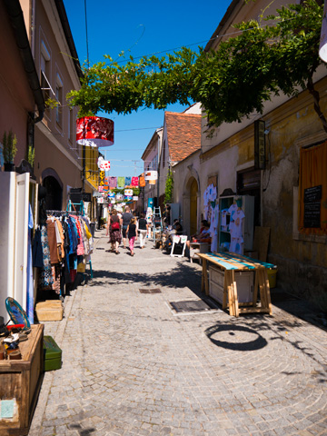 A pedestrian street in Varazdin, Croatia decorated with the wares of local merchants