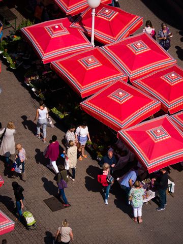 Red umbrellas cover the flower market off the main square in Zagreb, Croatia
