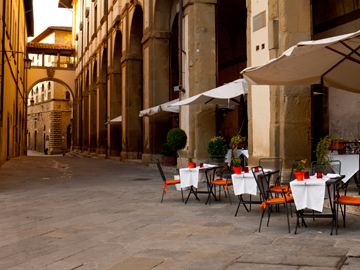 A patio and road off of Piazza Grande in Arezzo, Italy