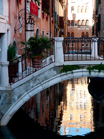 A short bridge over a canal in Venice, Italy is adorned with potted plants