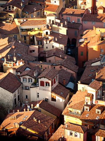 A bird's eye view of the historical centre of Bologna, Italy