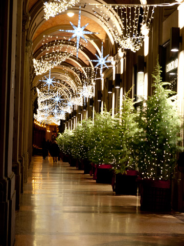 A portico decorated for Christmas in Bologna, Italy