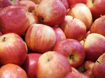 Apples on display at a market in Vancouver, Canada