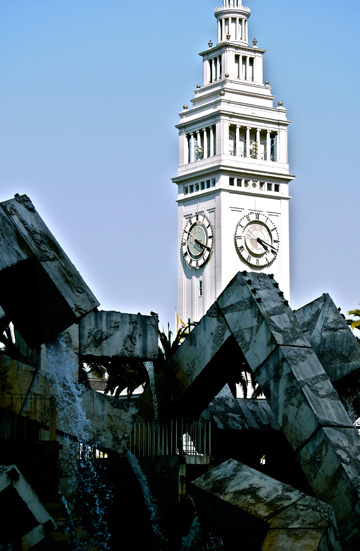 A fountain sits in front of the Ferry Building in San Francisco, USA