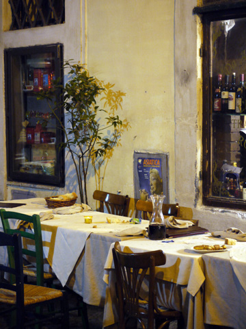The leftover wine and bread at a dinner table in Rome, Italy