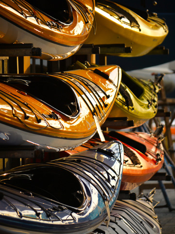 Kayaks on display on Granville Island in Vancouver, British Columbia, Canada.