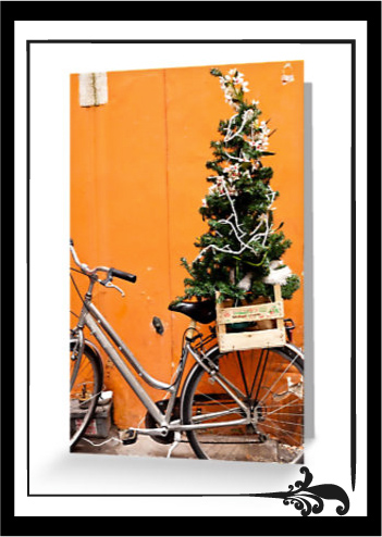 Christmas tree and bicycle greeting card